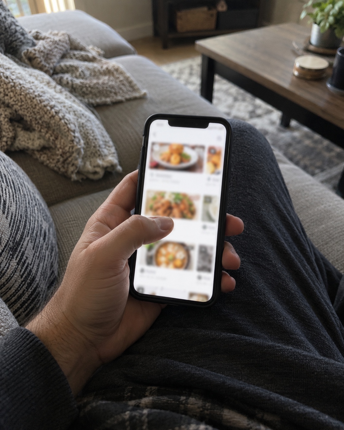 Customer browsing a restaurant ordering menu on a smartphone from home