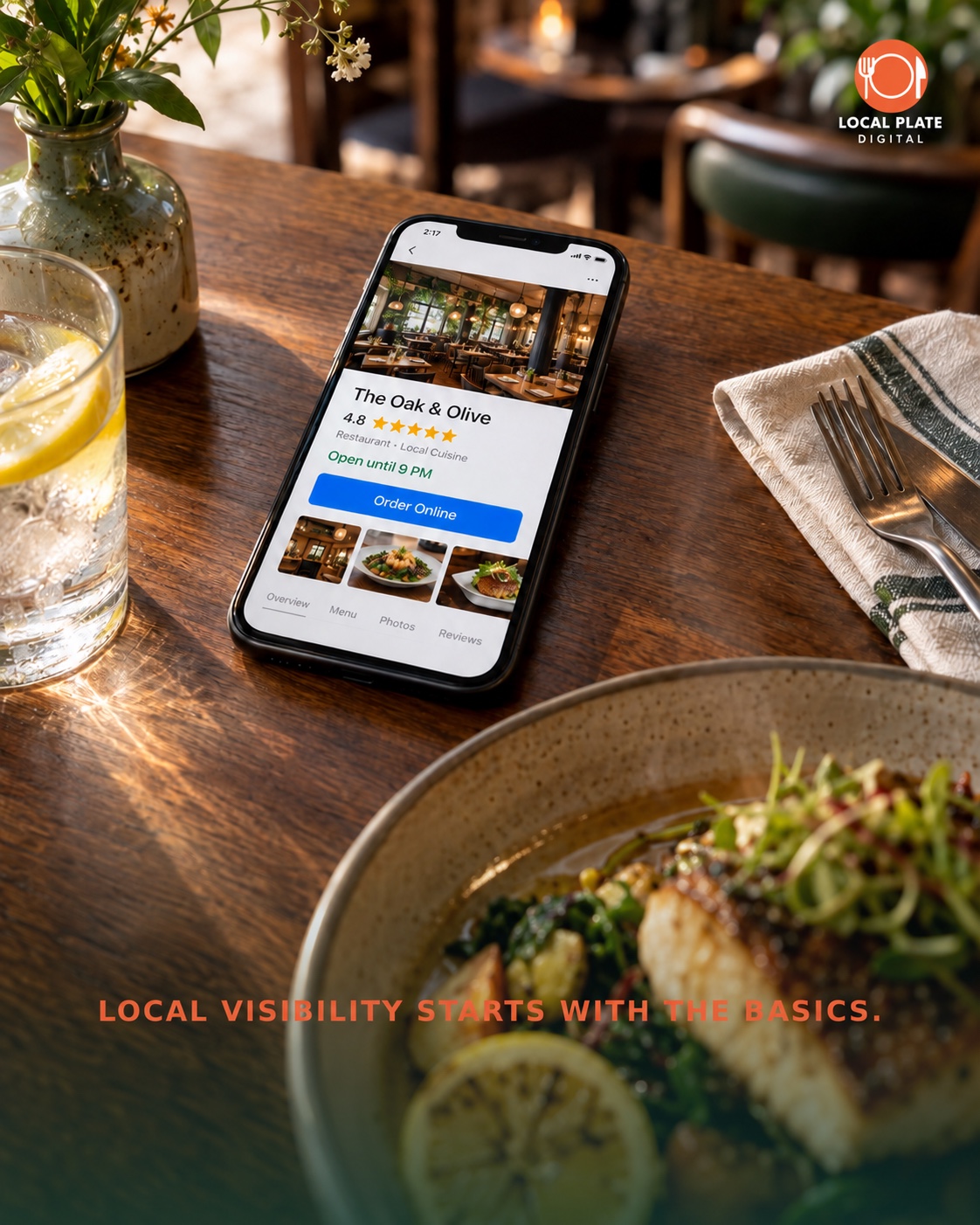 Restaurant Google Business Profile with current hours, food photos, reviews, and an order online button