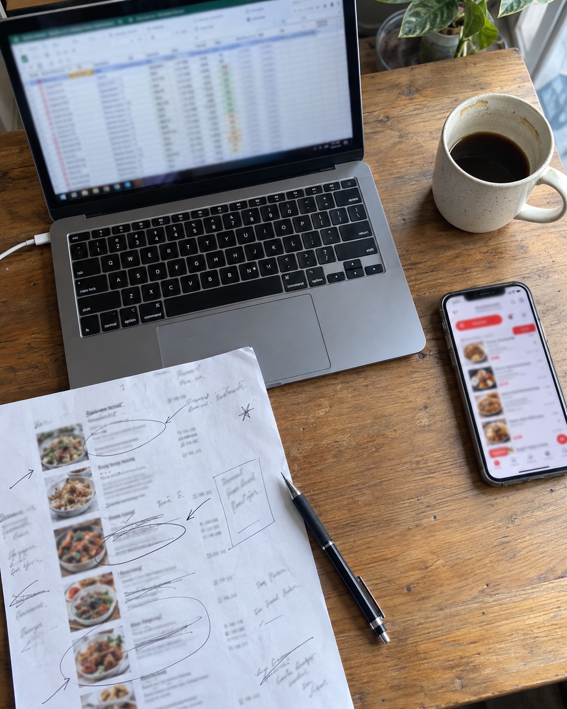 Behind-the-scenes restaurant menu optimization work on a laptop, phone, and printed menu