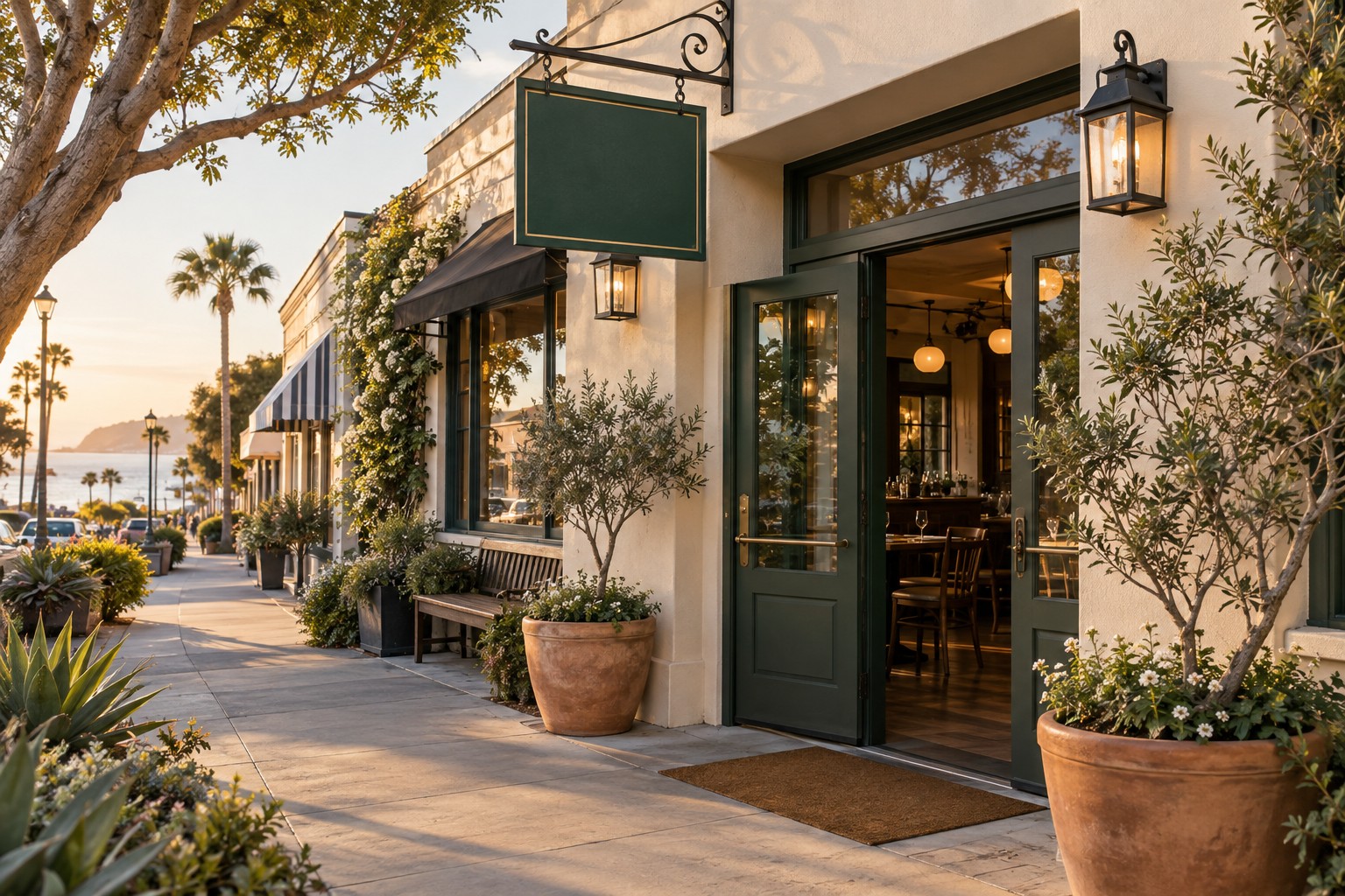 Illustrative neighborhood restaurant exterior with a green sign and welcoming entrance
